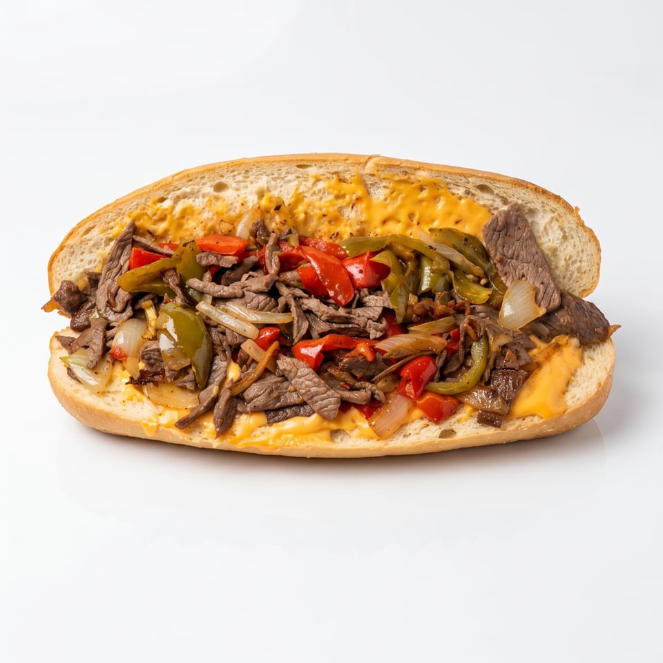 Cheesesteak sandwich with steak, melted cheese, grilled onions, and red and green bell peppers.