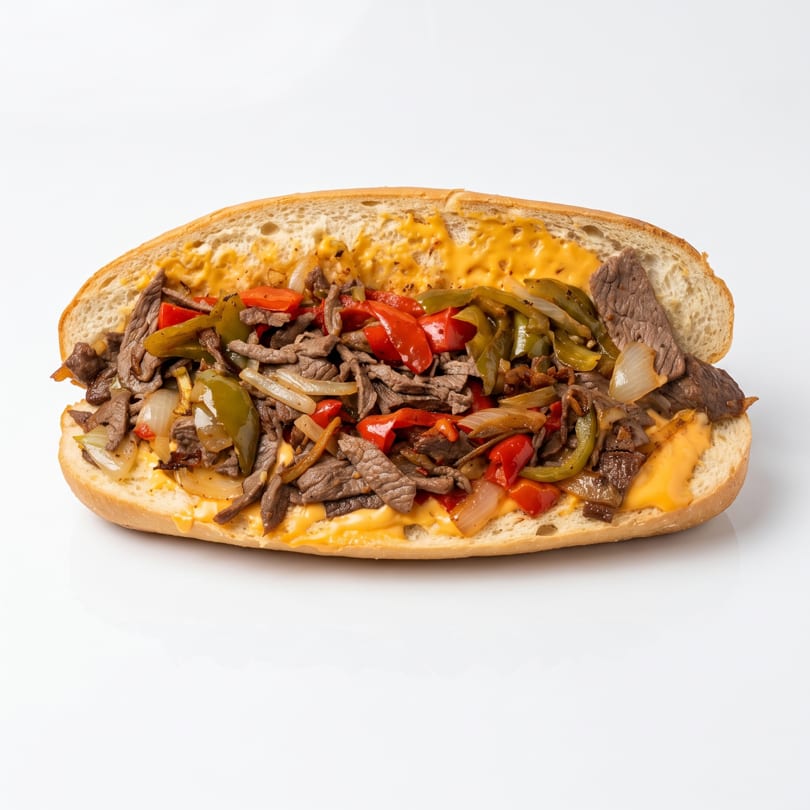 Cheesesteak sandwich with steak, melted cheese, grilled onions, and red and green bell peppers.