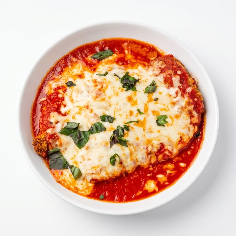 Chicken Parmesan in a white bowl, topped with melted mozzarella, red sauce, and fresh basil.