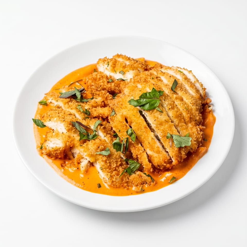 Crispy breaded chicken cutlets, sliced and served in a creamy orange sauce, garnished with fresh basil.