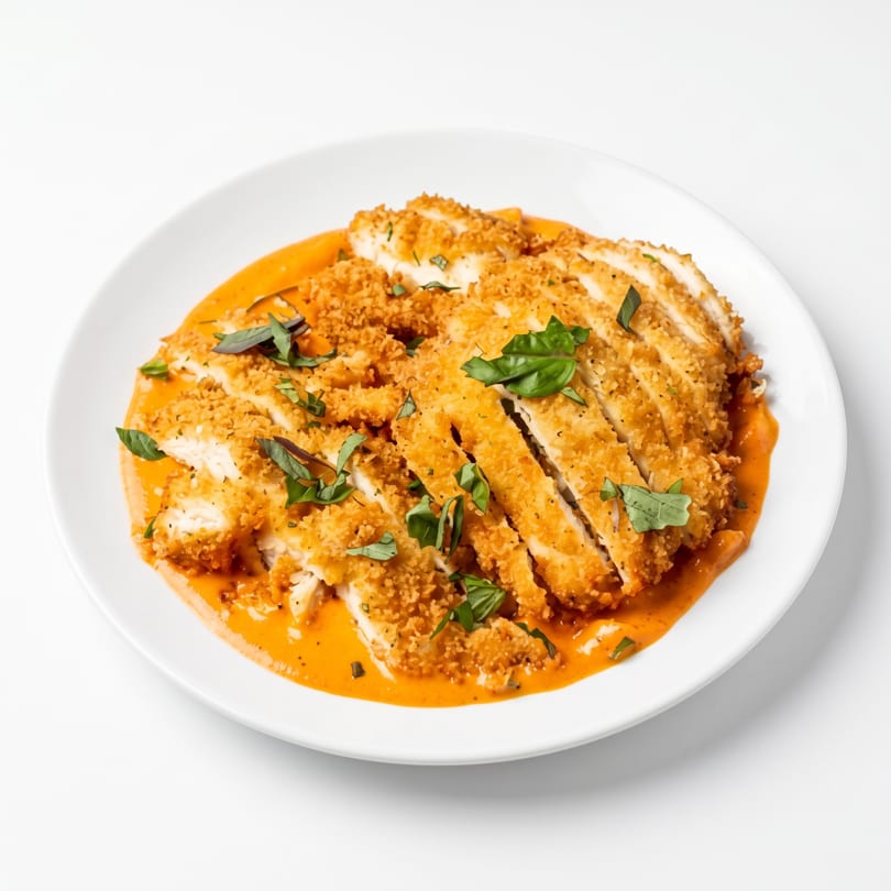Crispy breaded chicken cutlets, sliced and served in a creamy orange sauce, garnished with fresh basil.