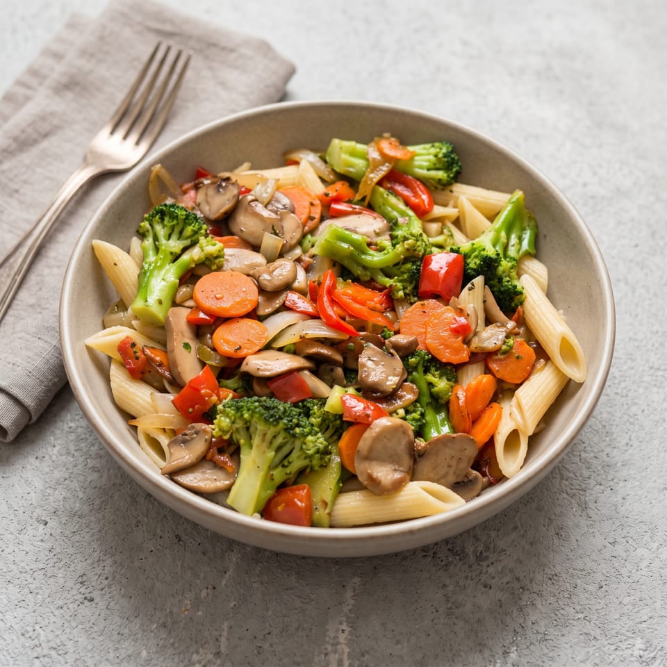 Penne pasta with broccoli, carrots, mushrooms, and red bell peppers in a light sauce.