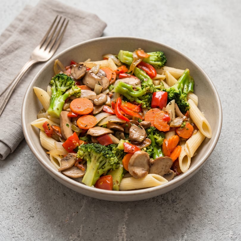 Penne pasta with broccoli, carrots, mushrooms, and red bell peppers in a light sauce.