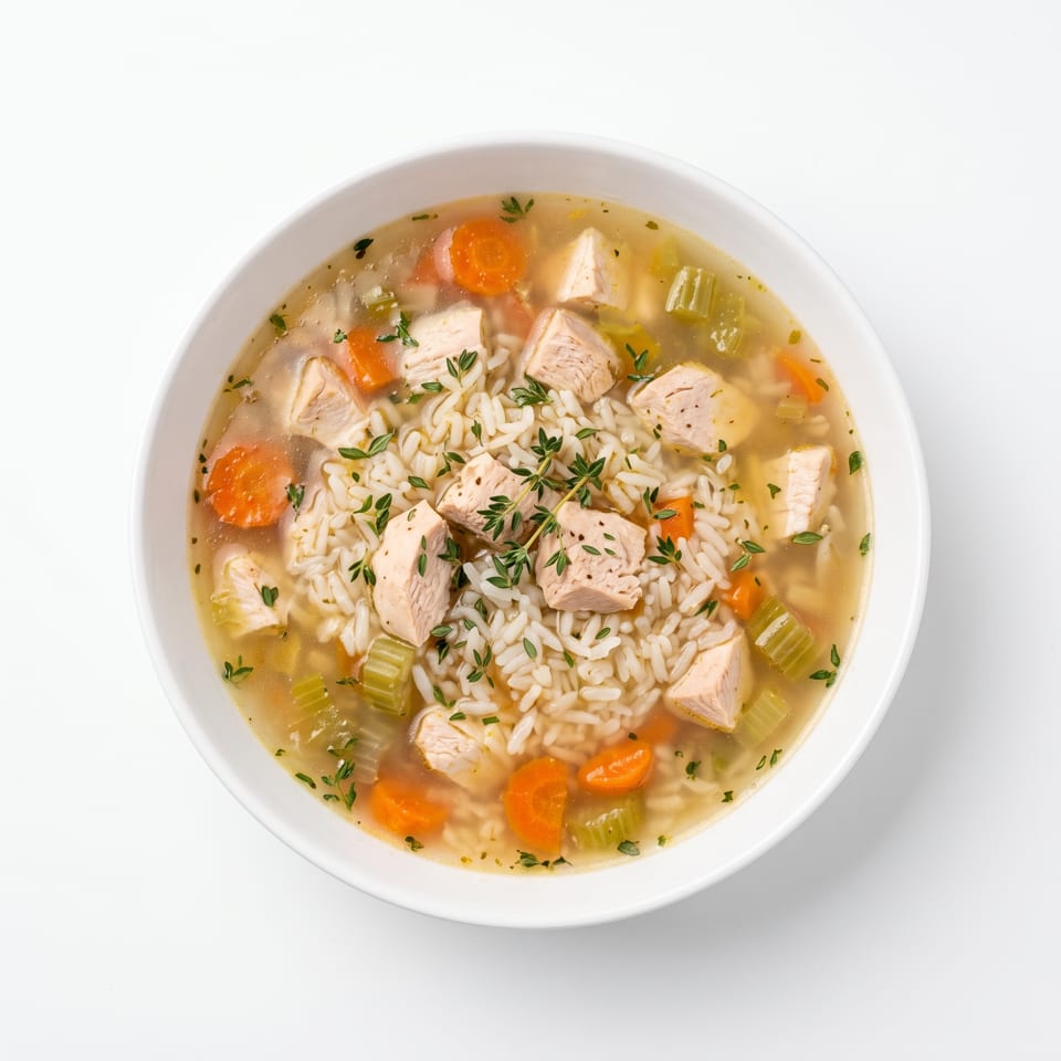 Overhead view of a white bowl filled with chicken and rice soup, garnished with fresh thyme.