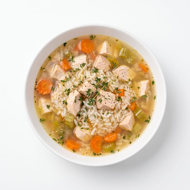 Overhead view of a white bowl filled with chicken and rice soup, garnished with fresh thyme.