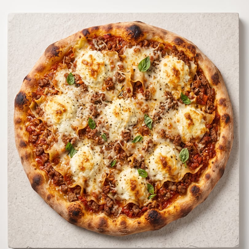 Lasagna pizza with ground meat, ricotta cheese, tomato sauce, and fresh basil on a white surface.