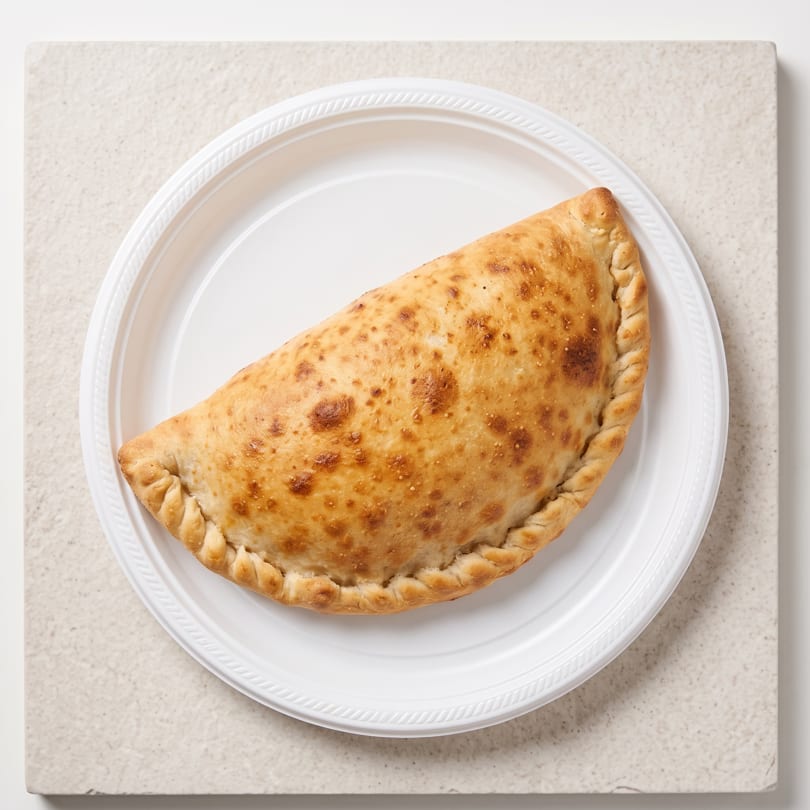 Golden-brown calzone with crimped edges on a white disposable plate, viewed from above.