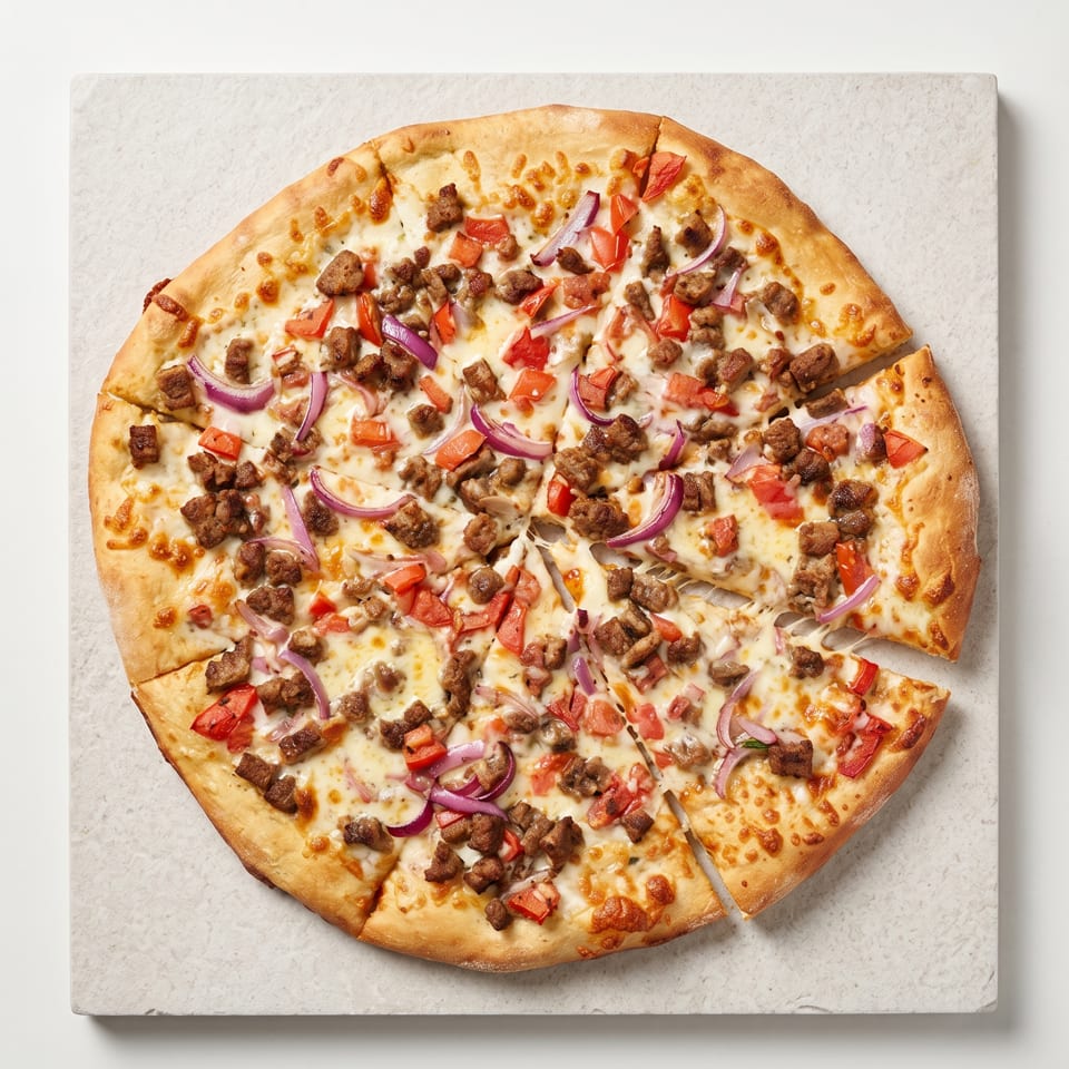 A sliced pizza with white sauce, sausage, red onions, and diced tomatoes on a light surface.