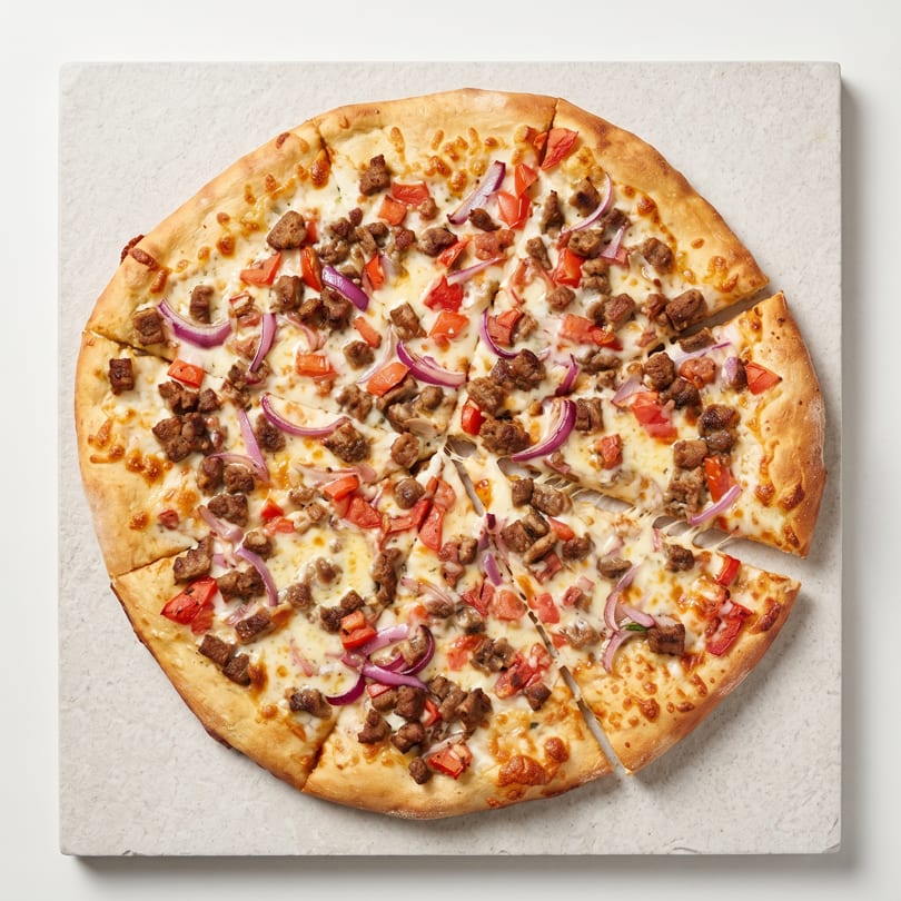 A sliced pizza with white sauce, sausage, red onions, and diced tomatoes on a light surface.